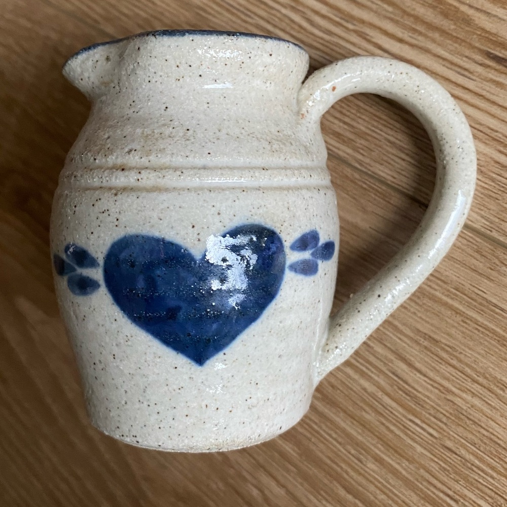 Pinewood Valley Pottery Creamer Blue Heart Stoneware, Salt Glaze 3” Tall